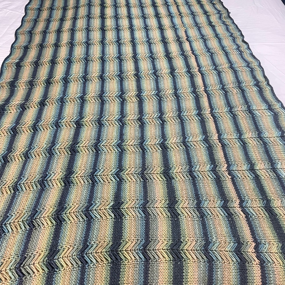 Hand Knitted by owner. Blue and Green Striped Textured Blanket.